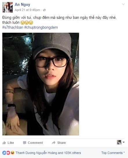 Không kém cạnh, Vlogger An Nguy cũng chính thức gia nhập cuộc đua selfie thiếu sáng với một tấm ảnh được chụp trong điều kiện ánh sáng vô cùng yếu. Khá tự tin với “phó nháy” Galaxy S7, được bình chọn là chiếc điện thoại có khẩu độ camera tốt nhất hiện nay nên An Nguy còn thách thức bạn bè chụp ảnh thiếu sáng để cùng so tài cao thấp.