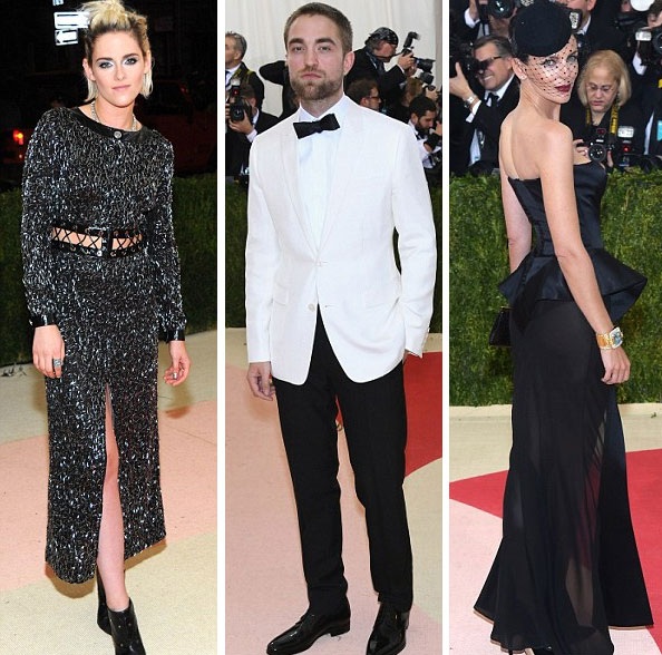 
Kristen Stewart (trái), Robet Pattison (giữa) và Liberty Ross cùng làm khách tại đại tiệc thời trang Met Gala ở New York, Mỹ, ngày 3/5.
