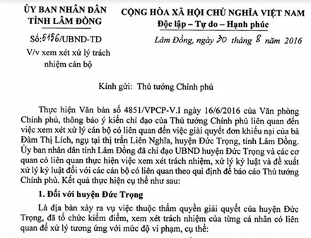 Lâm Đồng: kỷ luật 6 cán bộ “ép” dân vụ thuế đất oan 5,7 tỷ đồng - 2
Văn bản của UBND tỉnh Lâm Đồng gửi Thủ tướng Chính phủ về mức kỷ luật cán bộ “ép” dân vụ thuế đất oan 5,7 tỷ đồng.
