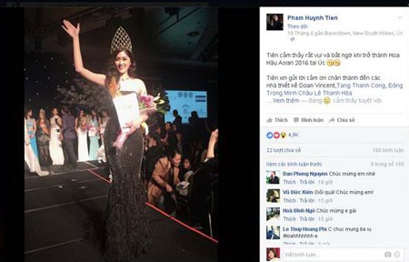 Người mẫu Huỳnh Tiên có thể bị phạt 30 triệu đồng vì 'thi chui' Miss Asia - 1 Trên facebook, người mẫu Huỳnh Tiên đăng ảnh đội vương miện và cho biết cô đã đăng quang ngôi vị cao nhất cuộc thi Miss Asia 2016 tại Australia