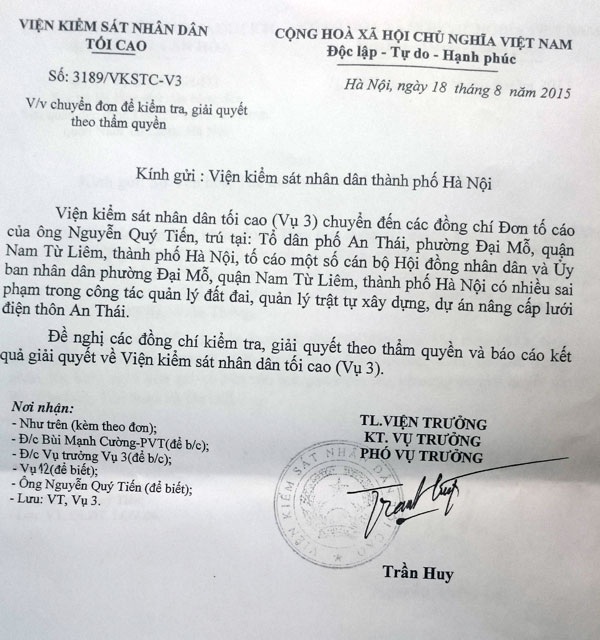 Hà Nội: Quận Nam Từ Liêm “ngâm tôm” kết quả xử lý sai phạm tại phường Đại Mỗ? - 3
Công văn Viện KSND tối cao đề nghị Viện KSND TP. Hà Nội giải quyết đơn tố cáo của công dân.