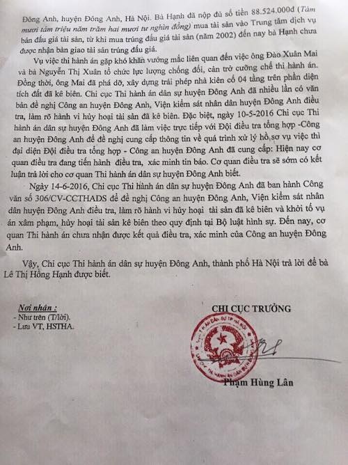 Bài 17: "Sẽ giải quyết khẩn vụ thi hành án kiểu “sống chết mặc bay” tại huyện Đông Anh" - 4
Kết luận sai phạm và đề nghị khởi tố vụ án nhưng sau 11 năm Chi cục Thi hành án huyện Đông Anh vẫn được Công an huyện Đông Anh trả lời đang điều tra.