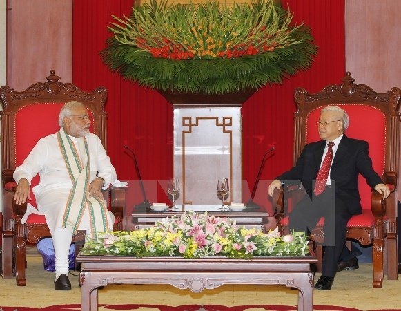 Báo chí Ấn Độ viết về chuyến thăm Việt Nam của Thủ tướng Modi - 1 Tổng Bí thư Nguyễn Phú Trọng tiếp Thủ tướng Cộng hòa Ấn Độ Narendra Modi thăm chính thức Việt Nam. (Ảnh: Trí Dũng/TTXVN)