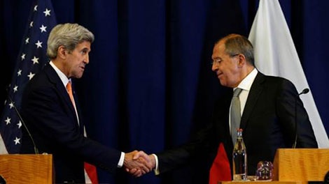 Syria: Vì sao thỏa thuận ngừng bắn đổ vỡ? - 1 Ngoại trưởng Mỹ - Nga tại cuộc họp báo chung thông báo thỏa thuận về vấn đề Syria ngày 10-9.