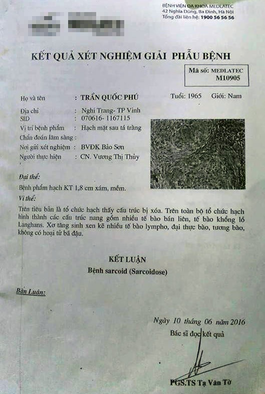 Vụ “tố” BS mổ còn nguyên khối u: Vì sao chuyển bệnh nhân sang BV tư? - 2 Kết quả xét nghiệm giải phẫu bệnh (khố u của ông Phú được lấy ra) do BV Bảo Sơn cung cấp