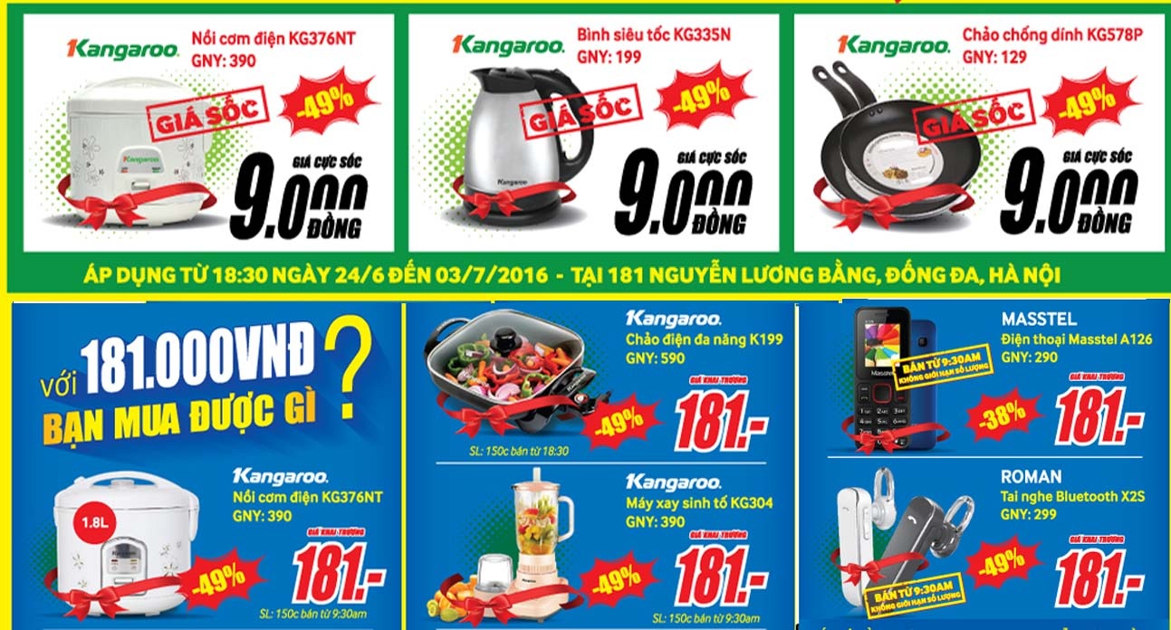 MediaMart khai trương siêu thị điện máy thứ 23 tại Hà Nội - 3 Đặc biệt, tham gia sự kiện khuyến mại lớn nhất mùa hè 2016 tại MediaMart, khách hàng dễ dàng sở hữu những sản phẩm TV LED, máy giặt, tủ lạnh, thiết bị nhà bếp, smartphone, tablet chính hãng với mức giảm giá đến 50%: điều hòa 1 chiều 9000BTU giảm 1 triệu giá khai trương 4.990.000đ tặng công lắp đặt và gói bảo dưỡng trị giá 500.000đ, TV kỹ thuật số 32’’ tích hợp DVBT2 giảm 40% giá chỉ 2.990.000đ, TV 43’’ bảo hành 2 năm, tích hợp truyền hình DVBT2, 1 đổi 1 trong vòng 30 ngày giảm 38% giá chỉ 4.990.000đ, máy giặt lồng đứng 8kg giảm 40% giá chỉ 2.990.000đ, iPhone 5S chính hãng giá khai trương 6.789.000đ, laptop Lenovo Ideapad100 giá khai trương chỉ 3.990.000đ…