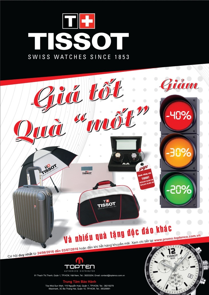 Rước hàng hiệu, triệu niềm vui với bất ngờ từ đất nước Thụy Sỹ - 3 Mức giảm giá “tốt” từ 10 – 40% cùng những món quà sang trọng đúng “mốt” như cân điện tử sành điệu, hộp xoay đồng hồ cao cấp, vali tiện dụng, túi xách đa năng,… đang chờ đón bạn trong dịp khuyến mãi duy nhất trong mùa hè 2016 này.