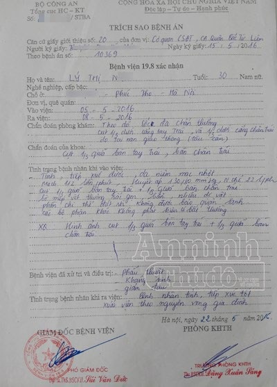 Tự thuê người chặt chân tay, tạo hiện trường giả tai nạn để trục lợi tiền bảo hiểm - 3 Trích sao bệnh án của chị Lý Thị N. tại Bệnh viện 19-8 Bộ Công an