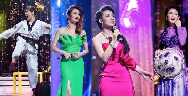 Ngắm 20 bông hoa khoe sắc đêm chung kết Hoa hậu người Việt tại Mỹ - 8
Các thí sinh tự tin thể hiện tài năng của mình. Từ trái qua: Jenny Trần biểu diễn võ thuật với những động tác mạnh mẽ và đẹp mắt, Tina Ngọc Lan Phạm - Tuyết Nhi - Bella Phương Phạm say sưa và tình cảm trong phần thi tài năng ca hát
