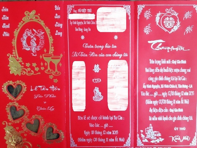Cán bộ xã xin nghỉ việc sau đám cưới tảo hôn của con trai - 1
Thiệp mời đám cưới con trai ông Thù.
