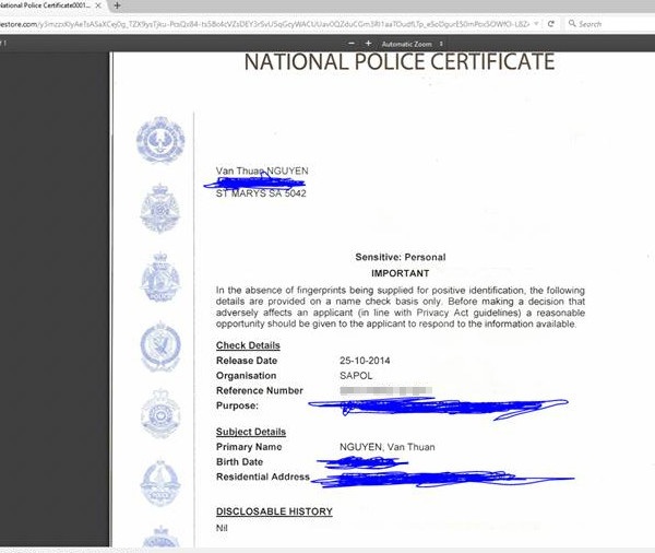 
Bản xác nhận của Cảnh sát quốc gia Úc.
