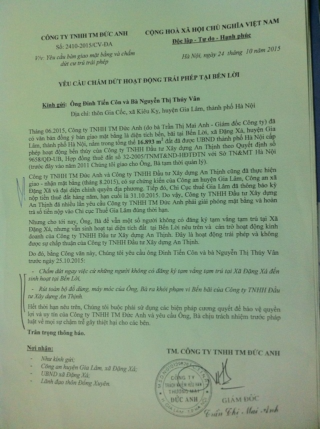 
Công ty TNHH TM Đức Anh đã gửi yêu cầu và thông báo sẽ phá dỡ nhà đến nhiều cơ quan chức năng nhưng không nhận được hồi âm.
