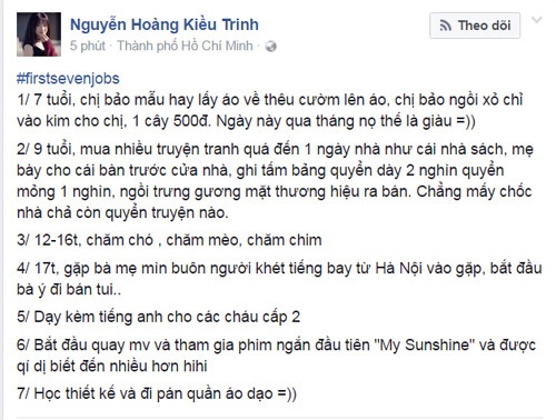 Các hot girl cũng “sốt” với trào lưu 7 công việc đầu đời - 2
Nguyễn Hoàng Kiều Trinh cũng tỏ ra đầy hào hứng với trào lưu này.