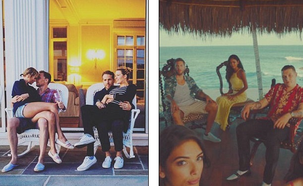 
Hình ảnh Taylor Swift hạnh phúc bên bạn trai Tom Hiddleston (trái) khá giống với hình ảnh Calvin tạo dáng bên bạn bè trong clip Olé (phải).
