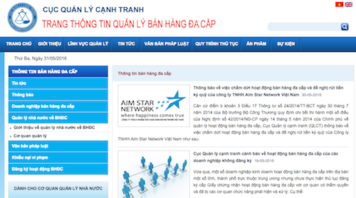 Vụ trùm lừa đảo lãnh đạo công ty đa cấp: Đang xếp lịch xử Vũ Ngọc Thuyển - 4
Danh sách hoạt động kinh doanh đa cấp của Công ty CP Liên minh tiêu dùng Việt Nam trên Website của Cục quản lý cạnh tranh.