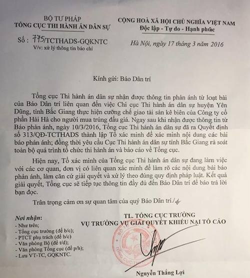 Bắc Giang: Cưỡng chế xong mới ra quyết định hoãn thi hành án! - 6
Công văn hồi âm của Tổng cục Thi hành án dân sự đến báo Dân trí sau loạt bài điều tra.
