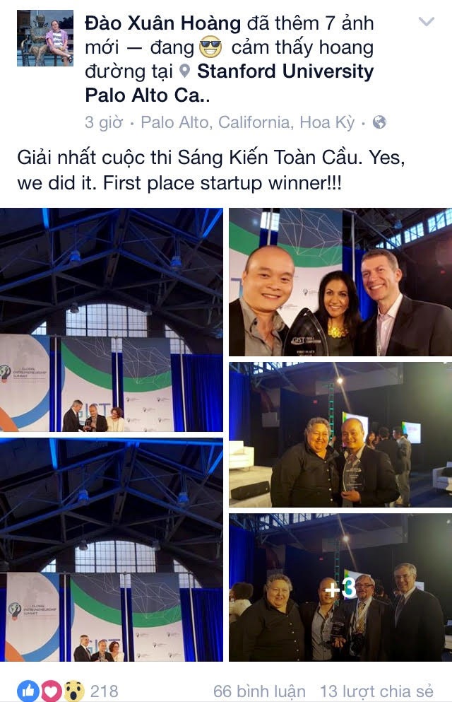 Top 18 Nhân tài đất Việt giành giải Nhất Sáng kiến toàn cầu tại Silicon Valley - 4
Xuân Hoàng chia sẻ niềm vui chiến thắng trên facebook cá nhân