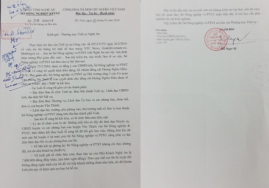 Sở NN&PTNT khẳng định không dùng ngân sách chi tiệc mừng tân Phó Giám đốc - 2 Báo cáo gửi Thường vụ Tỉnh ủy Nghệ An do Giám đốc Sở NN&PTNT Nghệ An Hồ Ngọc Sỹ ký