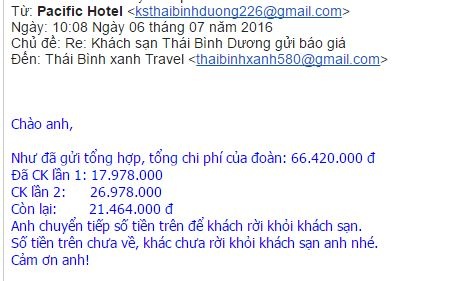 Thông báo từ địa chỉ email của khách sạn Thái Bình Dương đến Công ty Du lịch Thái Bình Xanh ghi rõ: tiền chưa về, khách chưa rời khách sạn.
