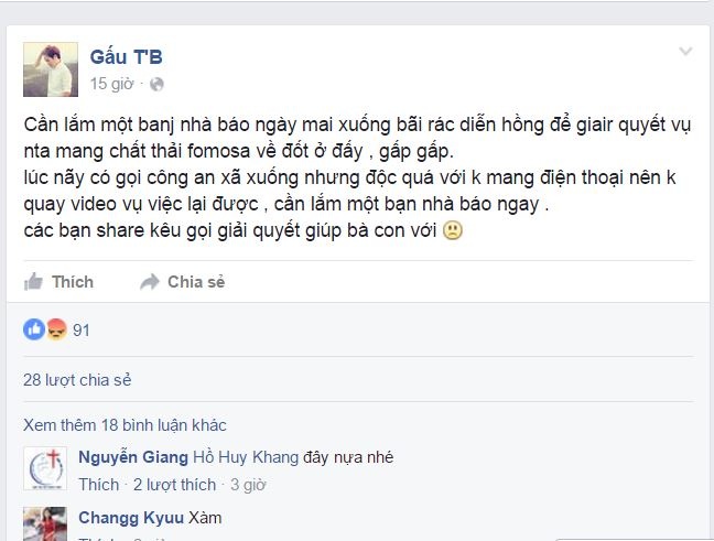 Tài khoản Gấu TB tung tin Formosa mang rác thải sang Nghệ An đốt.