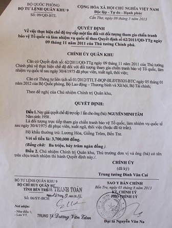 
Ông Tâm từng nhận trợ cấp sau khi xuất ngũ
