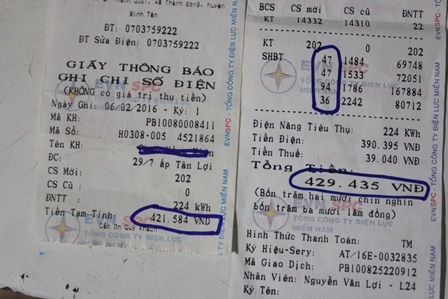 Giấy thông báo và hóa đơn trong cùng 1 tháng của ông K. với số tiền hoàn toàn sai lệch