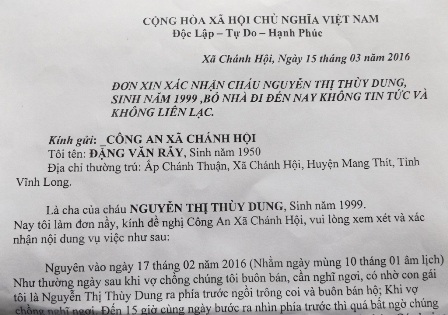 Gia đình làm đơn cầu cứu gửi đến cơ quan công an về việc mất tích của Dung