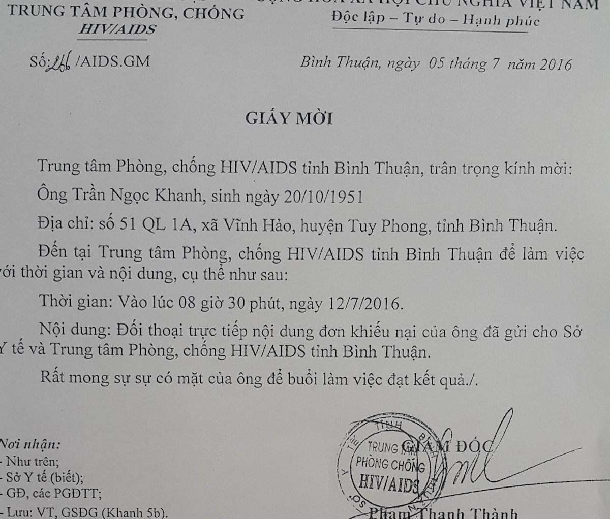 Người bị “án oan” HIV ở Bình Thuận yêu cầu bồi thường trên 1,5 tỷ đồng - 2 Giấy mời ông Khanh đối thoại trực tiếp với Trung tâm phòng chống HIV/AIDS Bình Thuận vào ngày 12/7