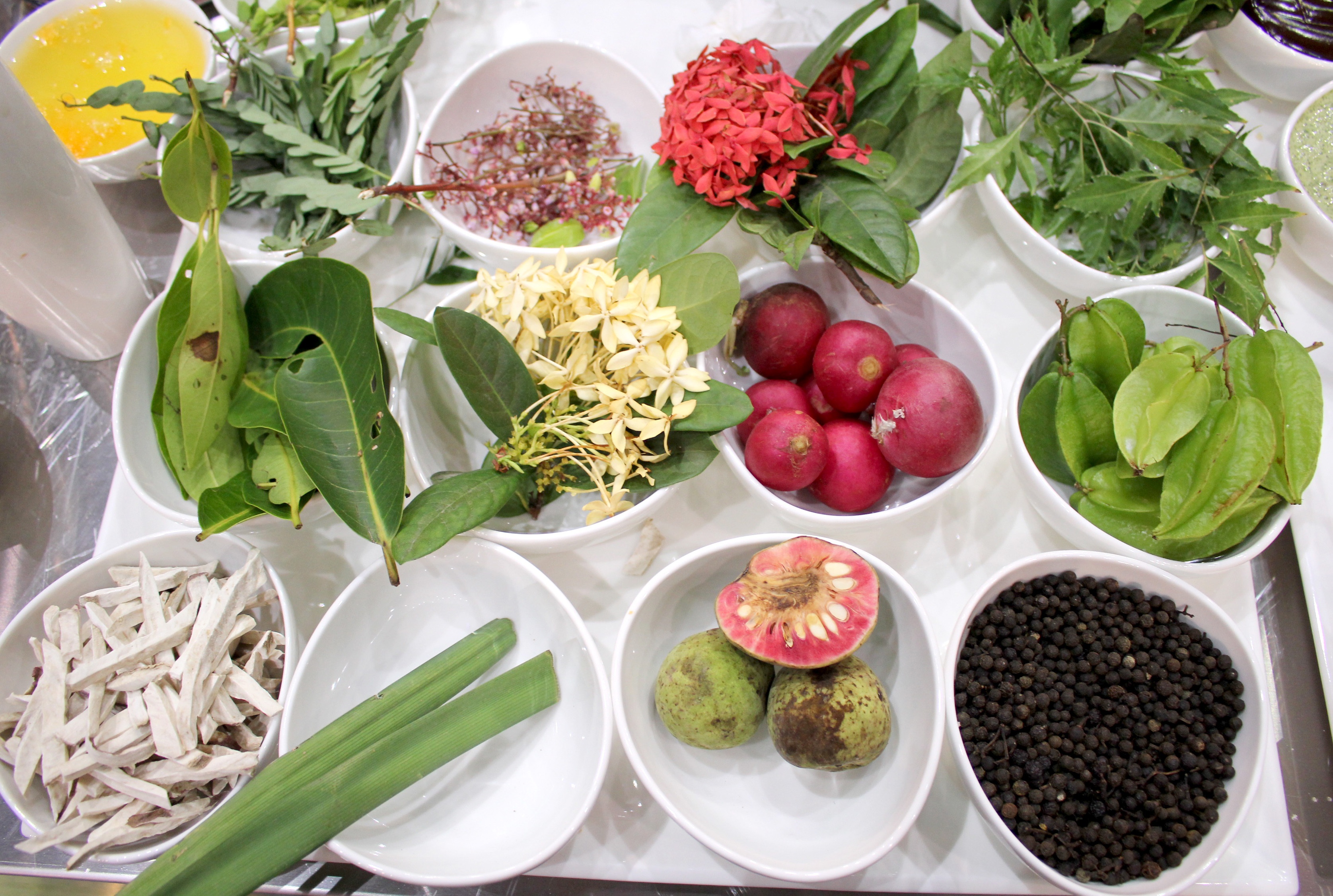 Ẩm thực phân tử - xu hướng mới của đầu bếp hiện đại - 5 Nhiều loại gia vị như đọt lá me, trái chay, rau thơm Trà Quế, tiêu a mót, lá dứa rừng, dây quai xanh... của đội 63