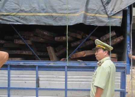 Gỗ lậu trên xe tải bị cơ quan chức năng bắt giữ