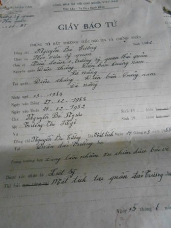 Giấy báo tử của liệt sĩ Nguyễn Bá Cường