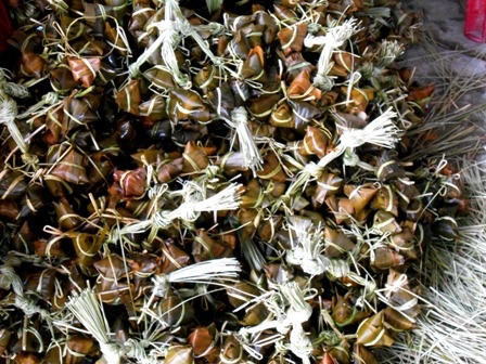 Bánh ú tro vừa gói xong, chuẩn bị mang đi nấu