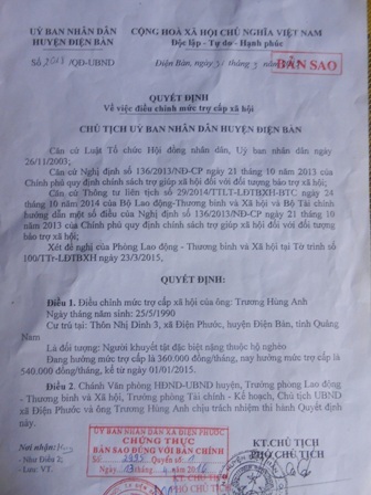 Giấy xác nhận khuyết tật đặc biệt nặng của em Hùng Anh