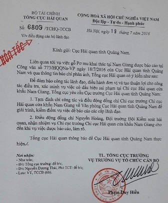 Vụ phá rừng pơmu biên giới Việt – Lào: Chuyển công tác Chi Cục trưởng Hải quan - 1 Văn bản của Tổng Cục Hải quan tạm đình chỉ và chuyển công tác đối với Chi Cục trưởng Hải quan cửa khẩu Nam Giang