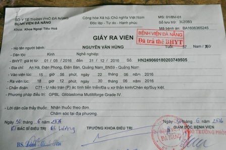 Giấy điều trị và chẩn đoán ung thư não của anh Nguyễn Văn Hùng