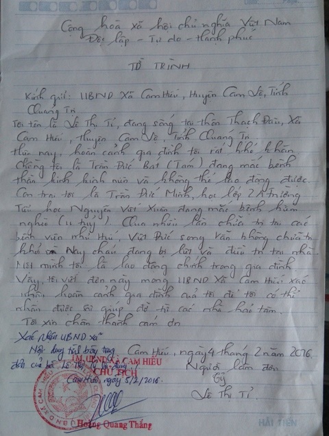 
Đơn xác nhận về hoàn cảnh gia đình chị Tỷ
