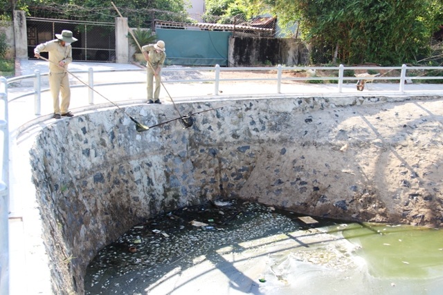 Các công nhân môi trường vớt cá chết trong hồ để đưa đi xử lý