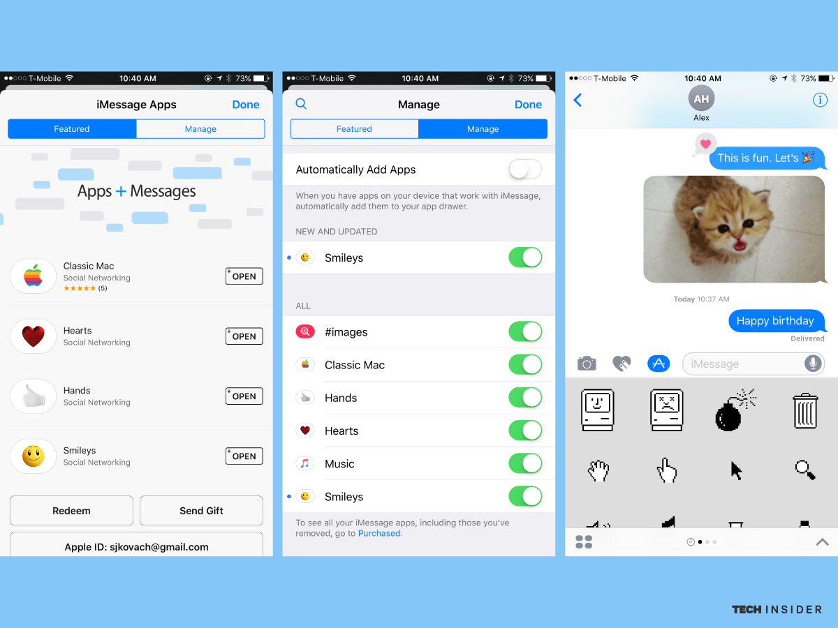 Giống như Facebook Messenger, người dùng nay có thể tải về các ứng dụng đi kèm, hoặc các gói hình ảnh sticker từ Apple