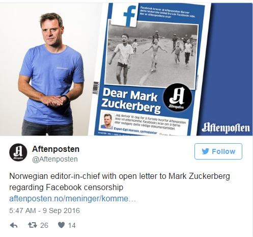 Báo chí Na Uy phẫn nộ vì Facebook đánh giá "Em bé Napalm" là ảnh khỏa thân - 2 Tờ báo Aftenposten đang vô cùng phẫn nộ đối với khâu kiểm duyệt hình ảnh của Facebook
