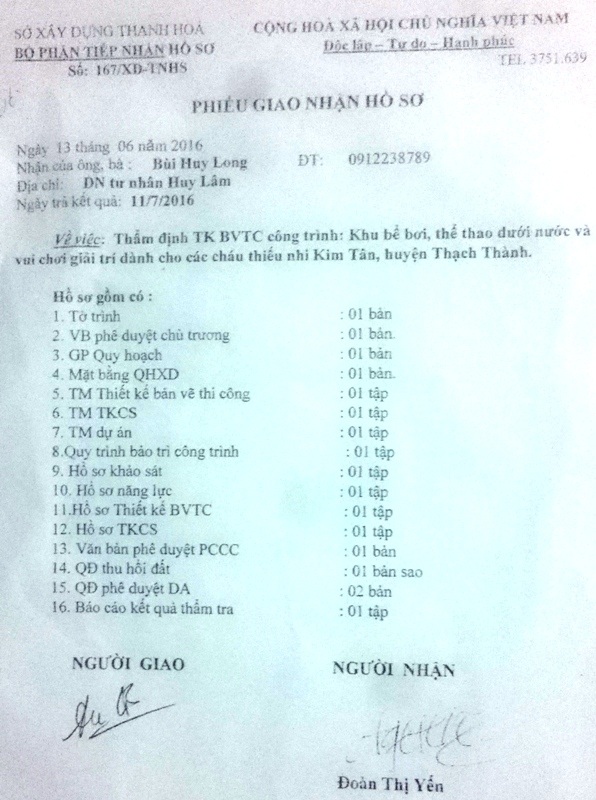 Phiếu giao nhận hồ sơn lần 3