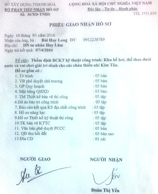 
Phiếu giao nhận hồ sơ lần 1
