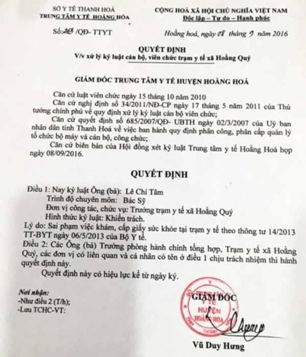 Trạm y tế xé rào cấp giấy chứng nhận sức khỏe: kỷ luật hàng loạt cán bộ - 1 Quyết định xử lý kỷ luật Trạm trưởng Trạm y tế Hoằng Qúy, Hoằng Hóa