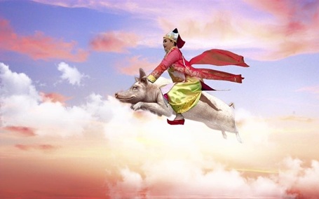 Hài hước khi xem Vân Dung cưỡi heo lên chầu trời - 2 Hình ảnh Vân Dung cưỡi heo lên chầu trời được cô chia sẻ trên Fanpage cá nhân.