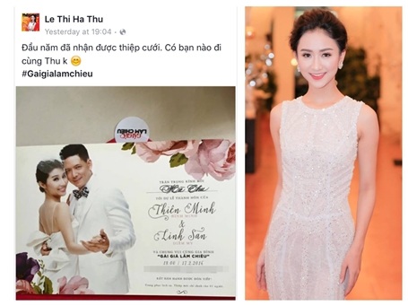 Sao Việt đồng loạt chia sẻ thiệp cưới Bình Minh - Diễm My 9X - 5 Á hậu Hà Thu còn hào hứng rủ thêm mọi người đi dự đám cưới cùng mình.