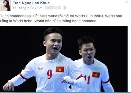 Đặng Thu Thảo, Lan Khuê vỡ òa cảm xúc giấc mơ World Cup - 3 Lan Khuê vui mừng với chiến thắng của tuyển Việt Nam.