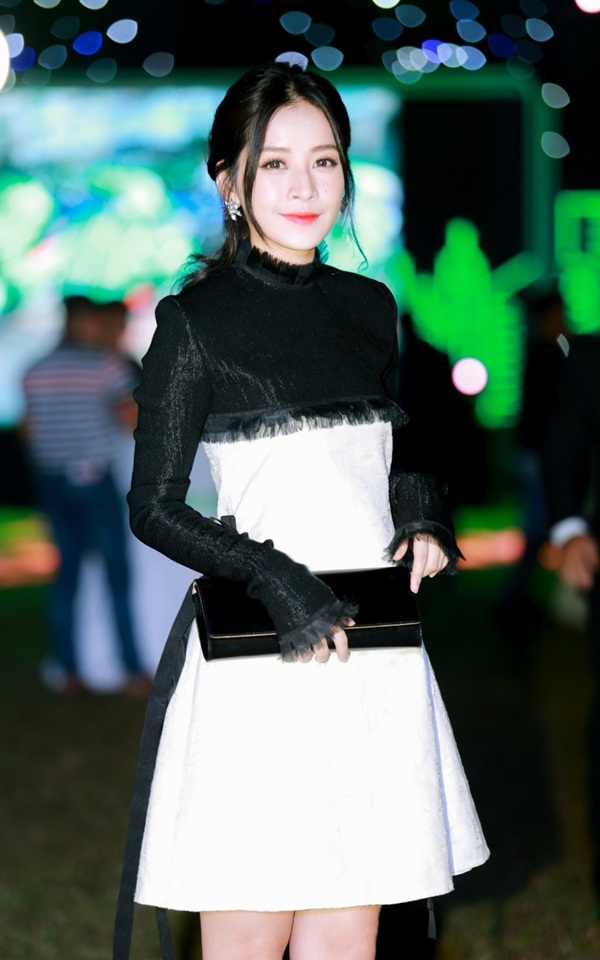 Clutch cùng tông màu và đôi hoa tai bản to đính đá quý được Chi Pu khéo léo kết hợp, hoàn thiện vẻ ngoài chỉnh chu.