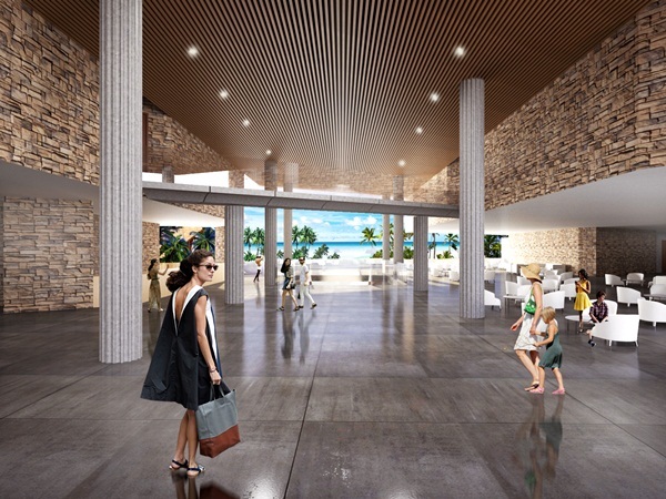 Sảnh resort toát lên sự sang trọng, đẳng cấp với tầm mắt hướng ra biển.