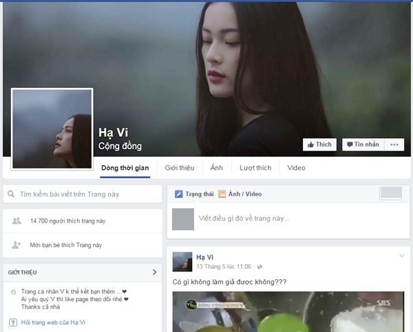 Sau Cường Đôla, Hạ Vi cũng bị giả Facebook, Fanpage cá nhân - 4 Một Fanpage khác giả mạo Hạ Vi thu hút tới hơn 14 nghìn lượt like (thích).