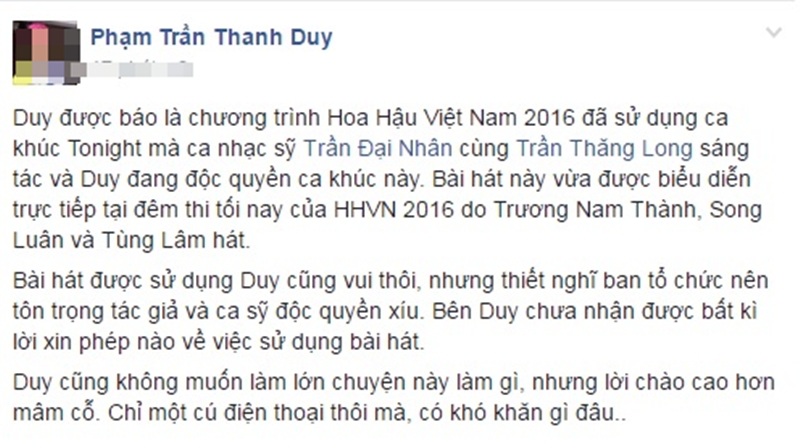 Đạo diễn Hoa hậu Việt Nam nói gì về scandal sử dụng bài hát không xin phép? - 2 Thanh Duy bức xúc khi bị sử dụng ca khúc không xin phép.