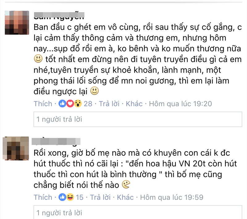 
Trên trang cá nhân của Kỳ Duyên, nhiều ý kiến bày tỏ sự không hài lòng với hành động hút thuốc lá của đương kim Hoa hậu.
